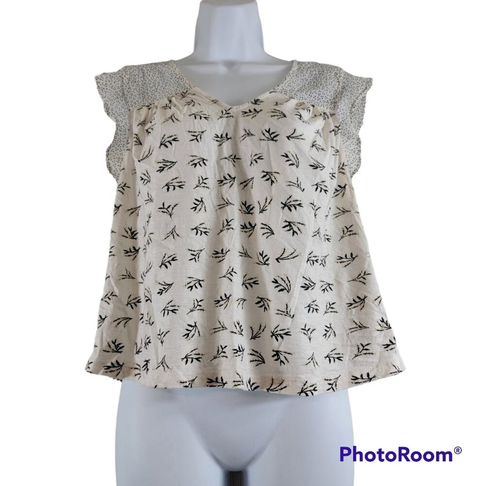 Lucky Brand Cream Printed Ruffle Sleeve Blouse Size Small